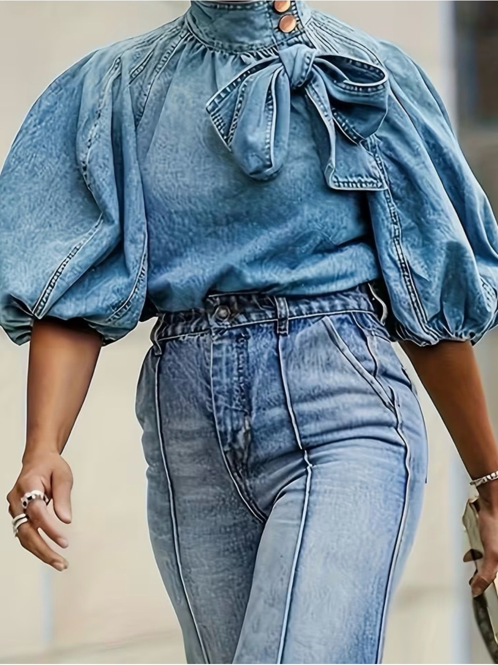 Light Blue Denim Puff-Sleeve Tie-Neck Top - Picture 3 of 3
